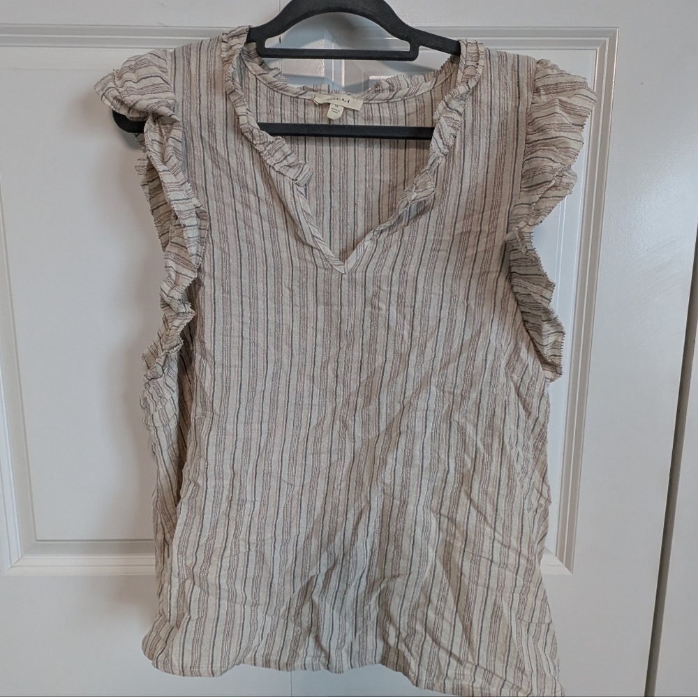 Gilli Striped Ruffle Sleeve Top - Beige, Pink, Grey v neck